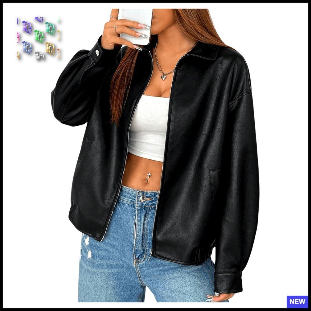 Faux Leather Zip Up Jacket Drop Shoulder Aviator Style Outerwear Coat